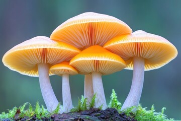 A group of vibrant yellow mushrooms growing on mossy ground in a forest setting.