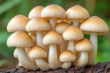 A cluster of golden mushrooms growing on a log in a natural setting.