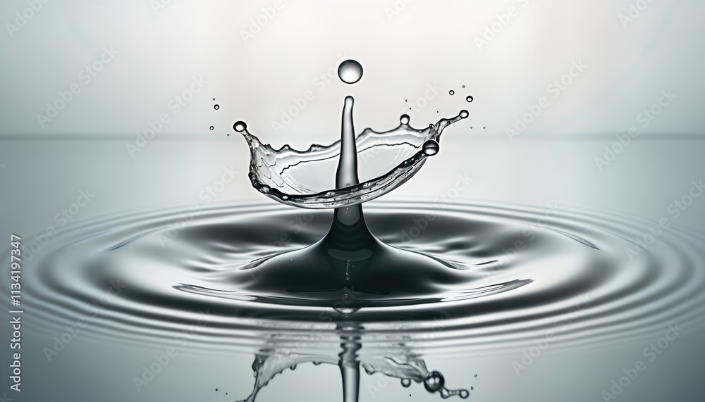 Poster water droplet impacting surface creates dynamic splash. water ripples radiate outward from impact po