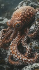 Obraz premium Generative ai illustration of detailed shot of an octopus resting on rock showcasing its unique textured skin and suction cup lined tentacles. wildlife. 