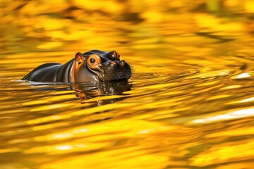 Golden Hour Hippo: A single hippopotamus emerges from the water, its head and eyes peering above the surface, surrounded by shimmering golden ripples.