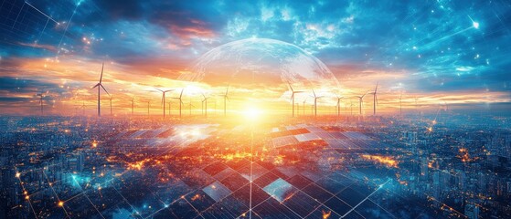 Fototapeta premium A vibrant sunset over a cityscape with wind turbines and solar panels, highlighting renewable energy and futuristic urban development.