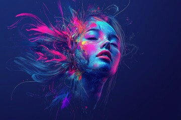 Fototapeta premium Abstract Portrait of a Woman with Colorful Splashes and Vibrant Textures Against a Dark Background, Representing Artistic Expression and Creative Energy