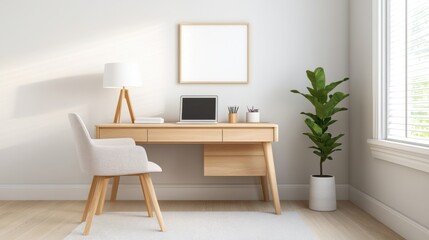 A Scandinavian-style home office with light wood furniture, soft colors, and minimalist decor