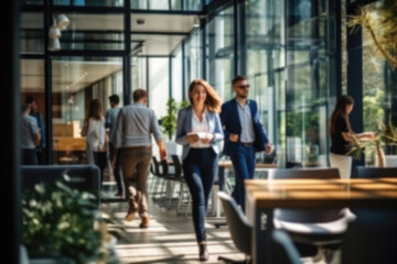 Obraz premium Businesspeople at motion blur walking at office open space. Team of business employees at coworking center