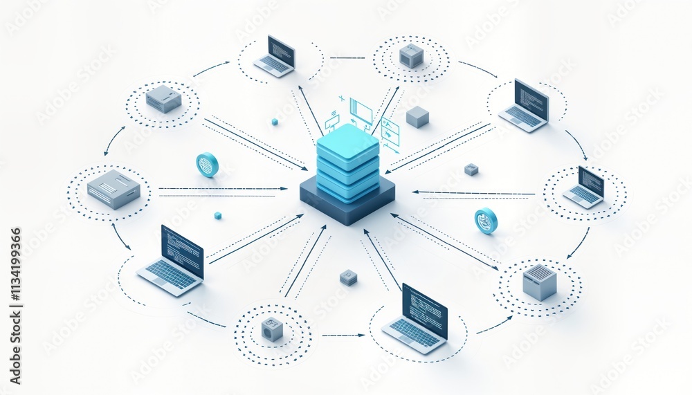Poster Network data flow visualization. Modern tech illustration shows data transfer between laptops, servers. Digital network connections highlighted by arrows. Graphic displays tech systems interacting.