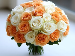 Elegant Bridal Bouquet of Peach and White Roses