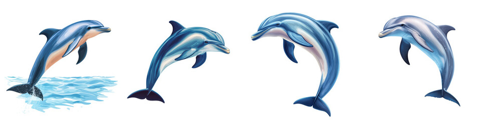 Obraz premium Vibrant image showcasing a group of playful dolphins leaping and splashing above the crystal clear azure waters of the tropical ocean capturing their agile