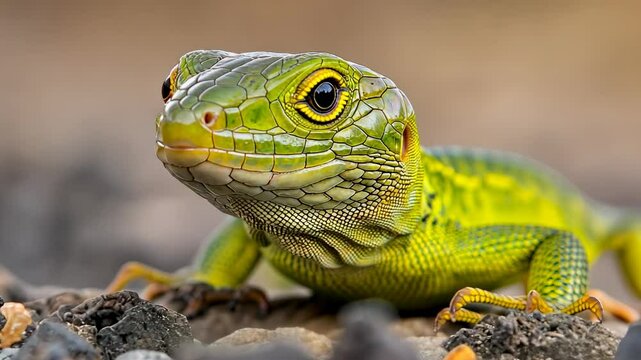 Colorful Green Lizard on Rocky Ground in Natural Habitat
