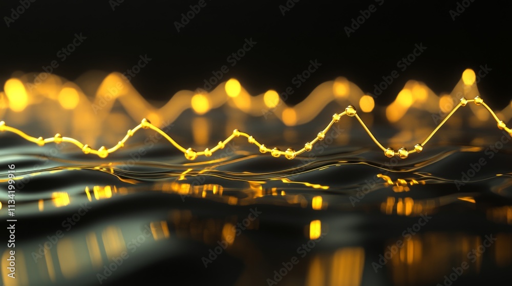 Poster glowing yellow wave patterns with light reflections on dark water