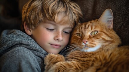 A boy cuddles with a fluffy orange cat, showcasing warmth and companionship.