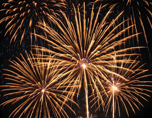 Golden firework fireworks on dark black night sky texture