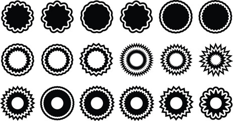 Set of icons of badge eggs stars, Starburst badges shape, sale price tags, stars, circle and oval label, round discount icon isolated on white background. Vector illustration. 