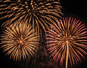 Golden firework fireworks on dark black night sky texture