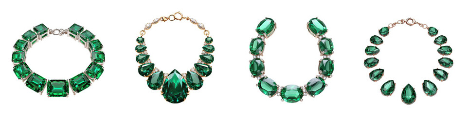 Breathtaking display of an exquisite collection of emerald jewelry including necklaces bracelets and other accessories that exemplify luxury elegance and opulence  The gems glisten and sparkle