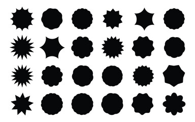 set of star stickers. Black flat price tags explosion silhouettes. Price sticker, sale sticker, price tag, starburst, quality mark, retro stars, sale or discount sticker, sunburst badges.