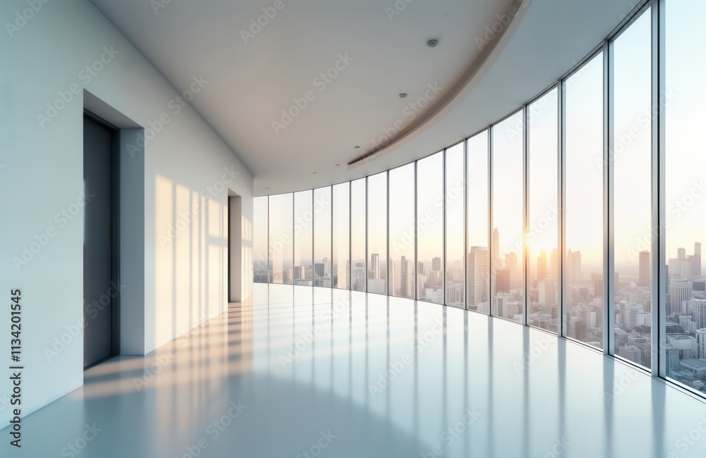 Aufkleber Empty modern corridor with panoramic city view. Sunlight streams through large windows. Empty space. Modern architecture. High rise. Empty hall. Business concept. Bright. Spacious. Empty. Cityscape
