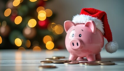 Pink piggy bank wearing Santa hat sits on table. Christmas lights blurred background. Coins are scattered around piggy bank. Concept of saving money during holiday season.