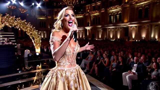 a beautiful blonde diva in a beautiful dress was holding a microphone and singing at a magnificent concert, attended by a large audience
