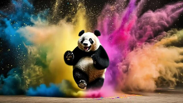 A happy panda bear stands in the middle of a colorful explosion of powder.