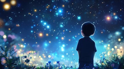Fototapeta premium The view from the back is of a boy looking up at a beautiful starry night sky with lots of bright flashes. A creative idea of imagination, a child's dream. illustration.