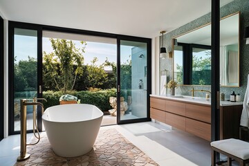 Captivating Visualization of a Chic Bathroom with Large Sliding Glass Doors and Outdoor Elements