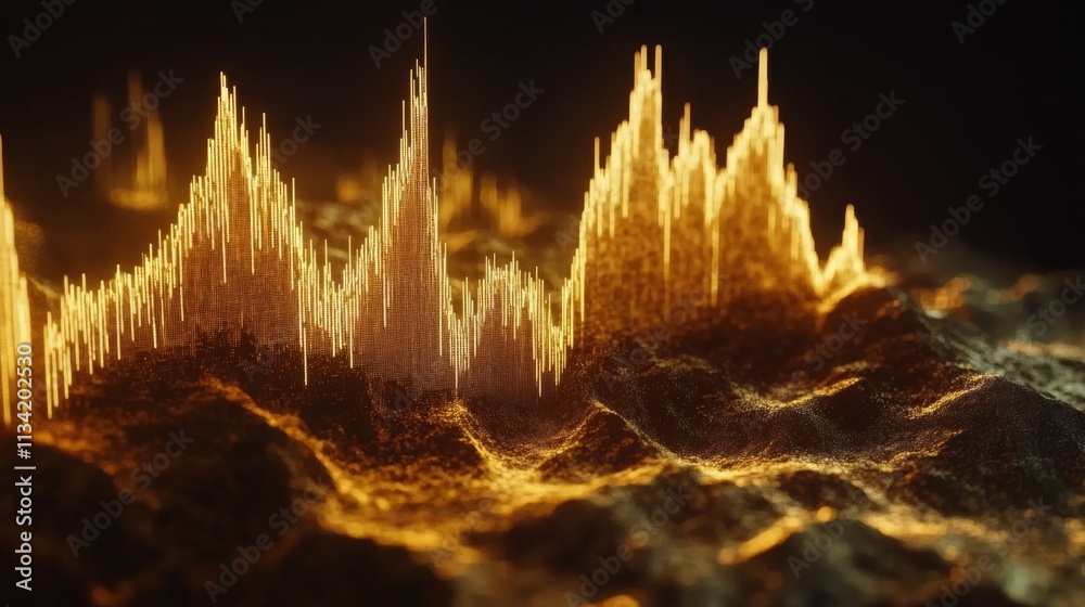 Poster abstract digital landscape with flowing golden light and textures