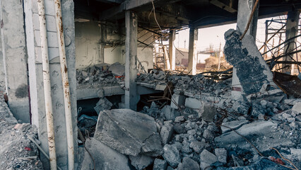 destroyed and burned houses in the city in Ukraine