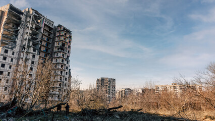 destroyed and burned houses in the city in Ukraine