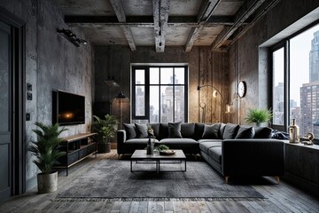 Obraz premium Grunge Loft Living Room Interior Rendered in Upscale 3D Style