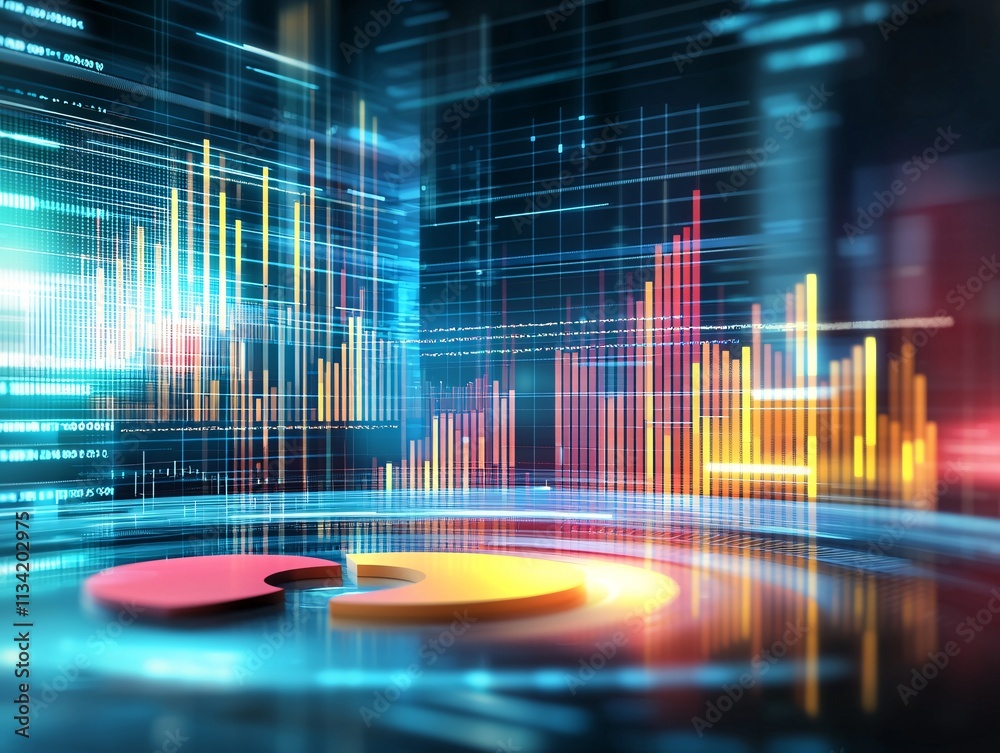 Poster futuristic analytics setup with vibrant bar graphs and pie charts on a virtual display in a corporat
