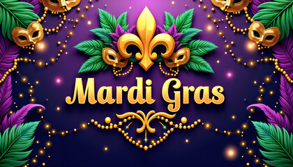 Mardi Gras festive design with vibrant colors, masquerade masks, and decorative elements