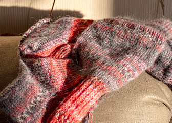 colorful knitted work in progress, handicraft concept, knit texture, wool handicrafts, hobby