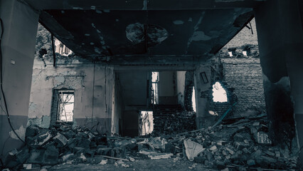 destroyed and burned houses in the city in Ukraine