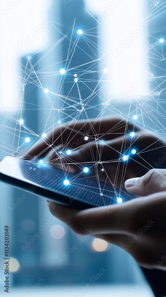 Poster professional analyzing connectivity optimization on a smart device with a high-tech cityscape in the