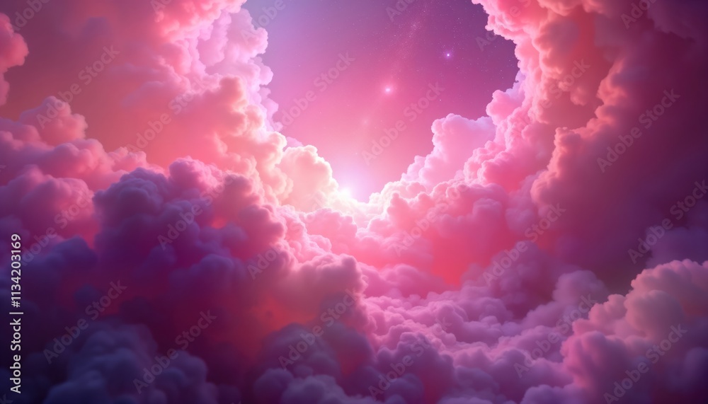 Poster pink, purple nebula clouds fill sky. soft light shines through colorful clouds. abstract design evok