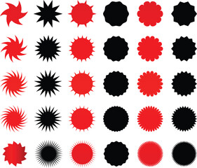 set of red and black blots starburst eggs sticker vector. Flat price tags explosion silhouettes, starburst retro sale badge. Star blank label, stickers emblem. Special offer price tag.