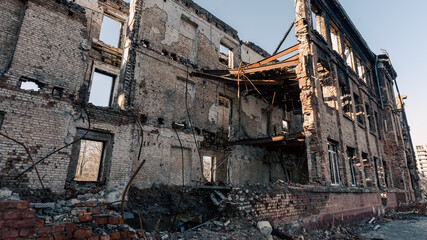 destroyed and burned houses in the city in Ukraine