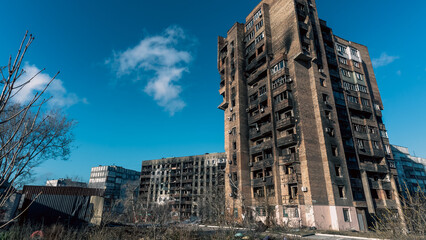 destroyed and burned houses in the city in Ukraine