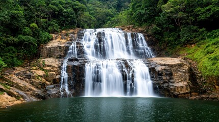 Majestic waterfall cascade lush rainforest nature photography serene environment wide-angle view pristine beauty concept