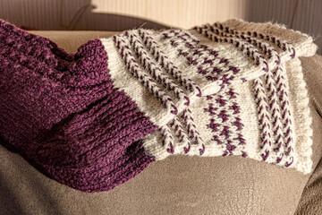 colorful knitted work in progress, handicraft concept, knit texture, wool handicrafts, hobby