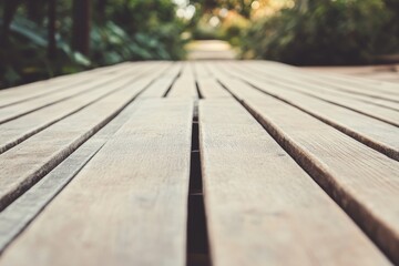 Close-Up View of Wooden Planks on a Pathway Surrounded by Lush Greenery in a Natural Environment at Sunset, Conveys Tranquility and Serenity