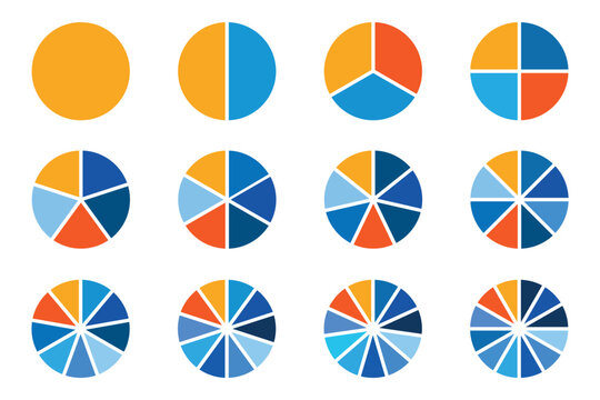 Pie chart set. Colorful diagram collection with 2,3,4,5,6,7,8,9,10,11,12 sections or steps. Circle icons for Infographic wheel segment and fraction. Vector illustration