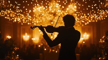 Fototapeta premium Silhouette of a violinist performing in a grand hall filled with golden light and sparkling fireworks.
