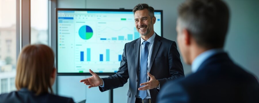 Businessman gives presentation on ESG risk management. CEO explains eco-friendly strategies to shareholders. Modern office setting. Audience listens attentively. Data charts displayed. Corporate