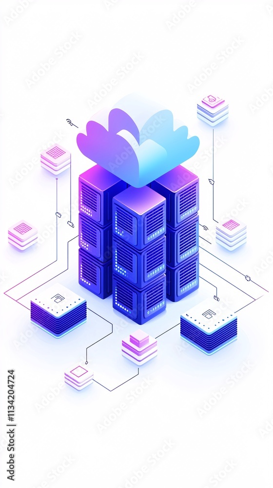 Poster a cloud computing infrastructure depicted with interconnected servers and automation icons in a brig