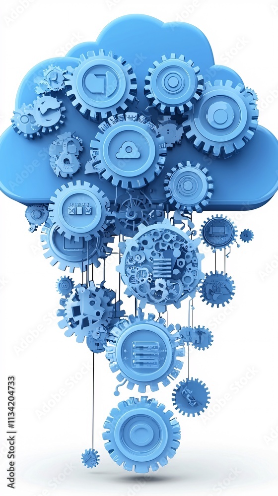 Poster a cloud computing infrastructure depicted with interconnected servers and automation icons in a brig