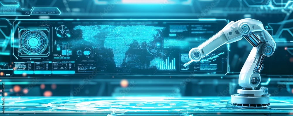 Poster a robotic arm working alongside ai-driven monitors in a smart factory setting, representing digital 