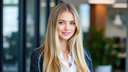 Professional Business Portrait of a Young Woman with Blonde Hair in an Office Setting, Perfect for Corporate Websites and Marketing Materials