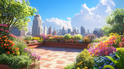 Obraz premium vibrant urban rooftop garden filled with colorful flowers and greenery, overlooking city skyline